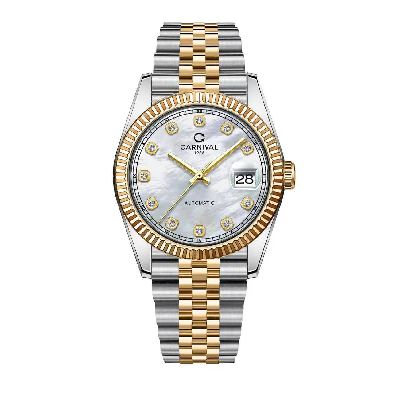 Đồng Hồ Nam Carnival 8250G Size 38mm Dáng Rolex Datejust Máy Tự Động Kính Sapphire Kim Loại Demi Vàng Mặt Trắng