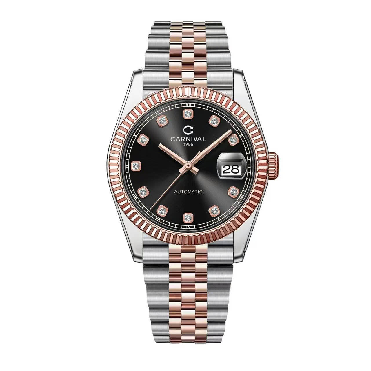 Đồng Hồ Nam Carnival 8250G Size 38mm Dáng Rolex Datejust Máy Tự Động Kính Sapphire Kim Loại Demi Vàng Hồng Mặt Nâu