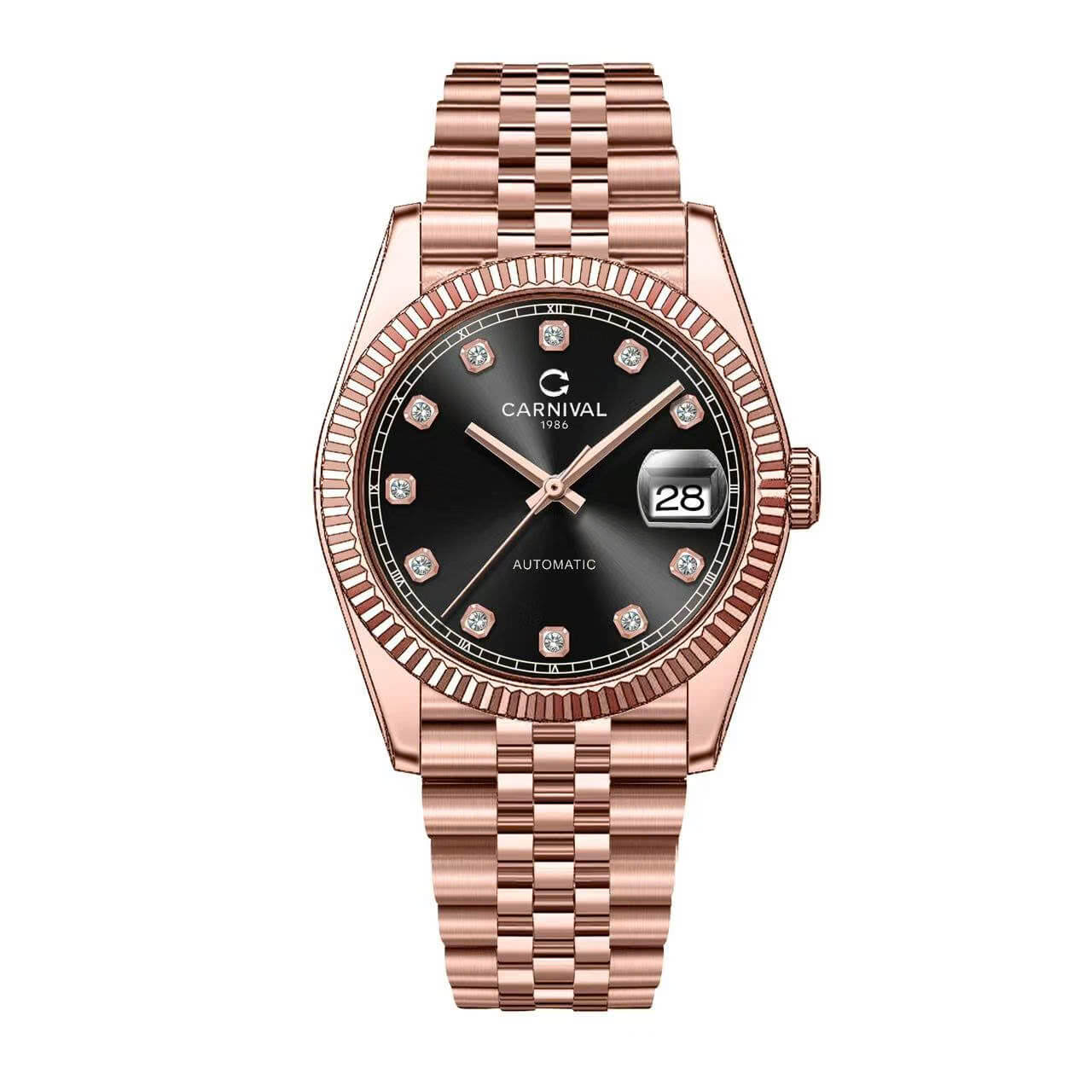 Đồng Hồ Nam Carnival 8250G Size 38mm Dáng Rolex Datejust Máy Tự Động Kính Sapphire Kim Loại Vàng Hồng Mặt Xám
