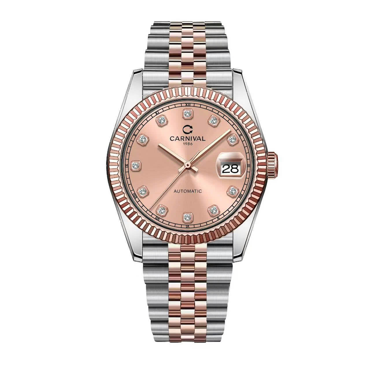 Đồng Hồ Nam Carnival 8250G Size 38mm Dáng Rolex Datejust Máy Tự Động Kính Sapphire Kim Loại Demi Vàng Hồng Mặt Trắng