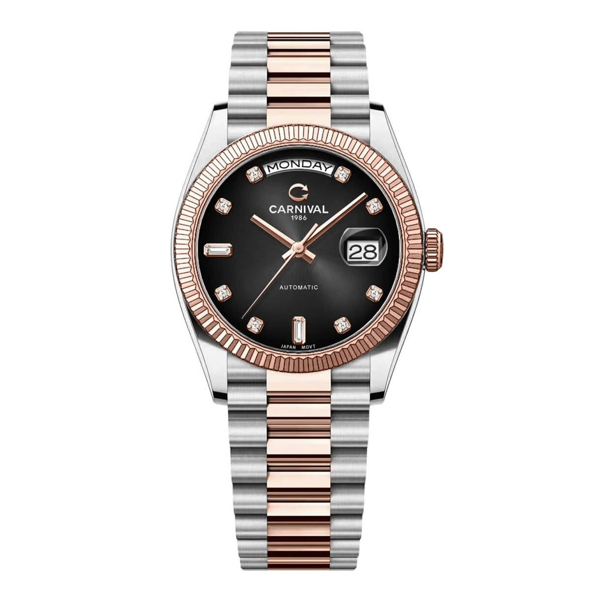 Đồng Hồ Nam Carnival 8239G Size 38mm Dáng Rolex Day Date Máy Tự Động Kính Sapphire Kim Loại Vàng Mặt Xanh Lá