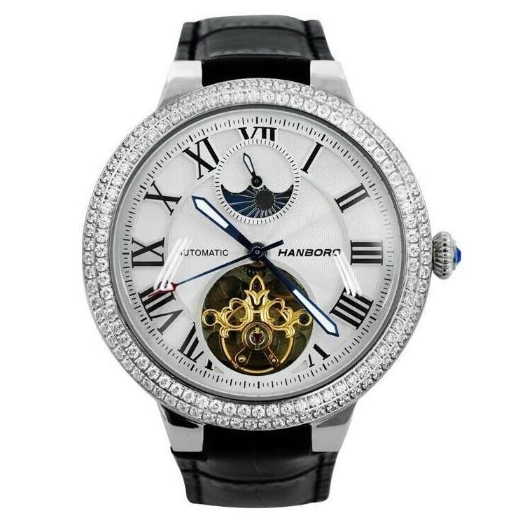 Đồng Hồ Nam Hanboro Automatic Moonphase Dây Da Đen Vỏ Silver 44mm Shop ...
