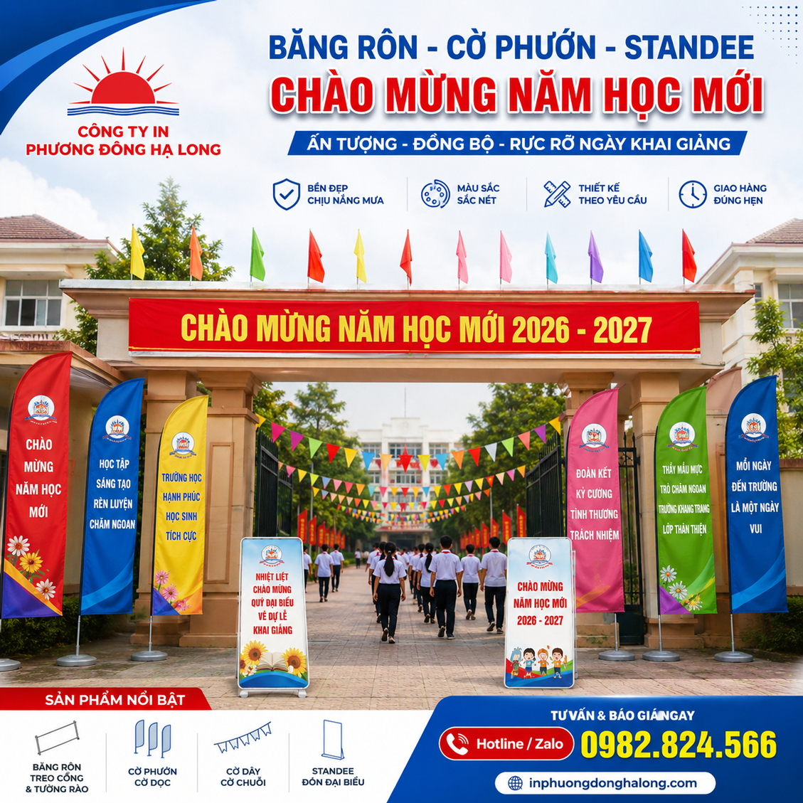 Băng rôn, cờ, standee chào mừng năm học mới tại Hạ Long
