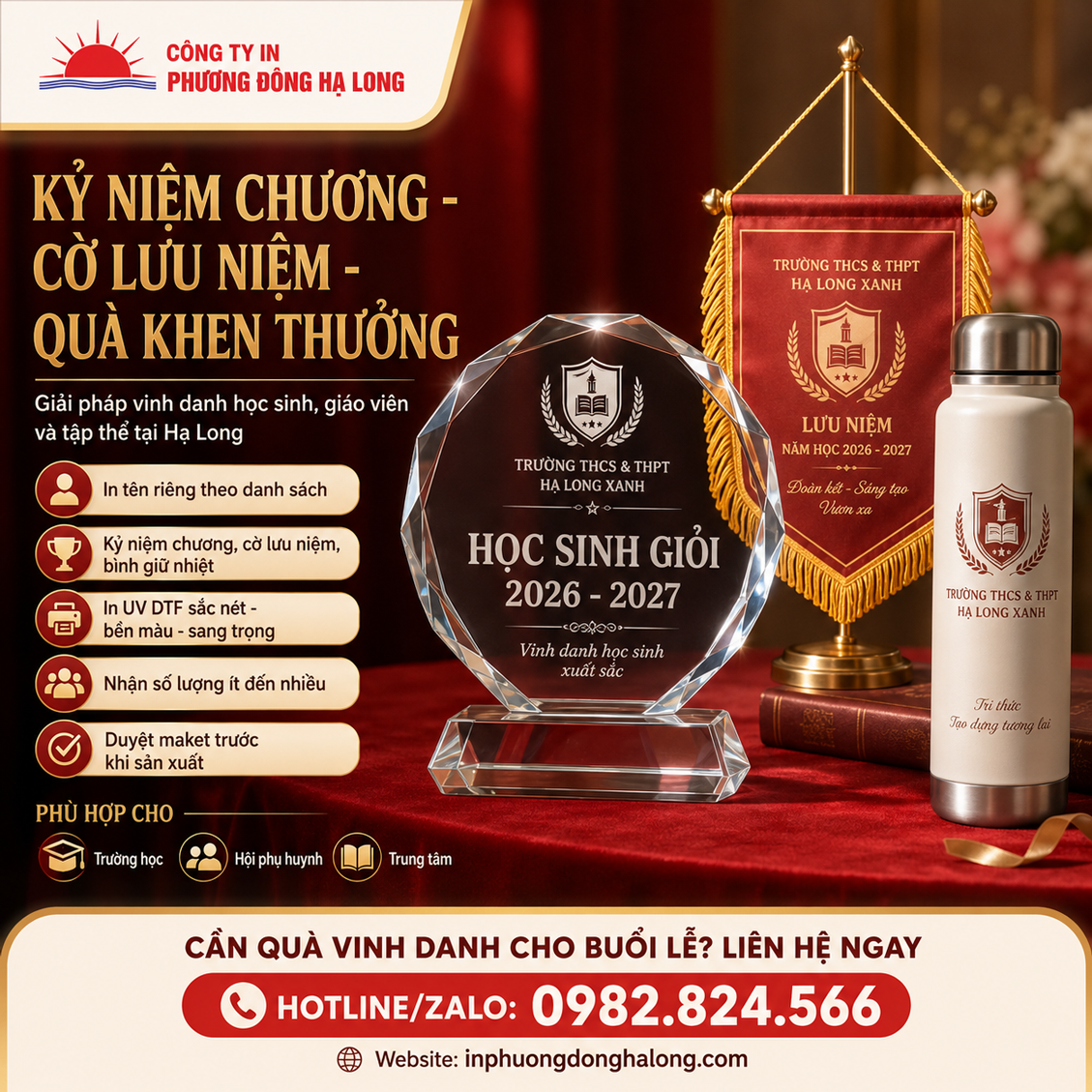 Kỷ niệm chương, cờ lưu niệm và quà khen thưởng học sinh tại Hạ Long