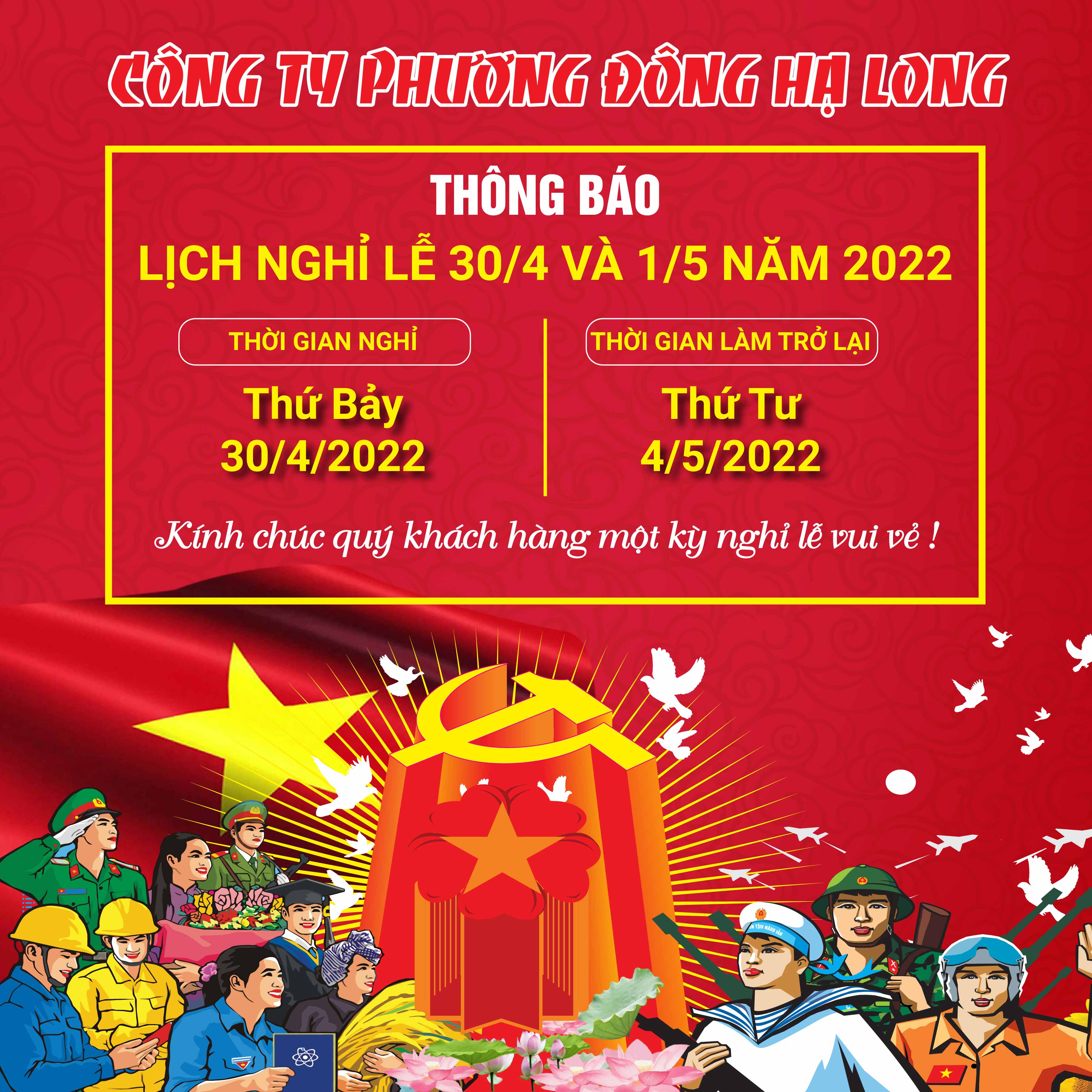 Công ty Phương Đông Hạ Long thông báo nghỉ Lễ 30/4 và 01/5 năm 2022