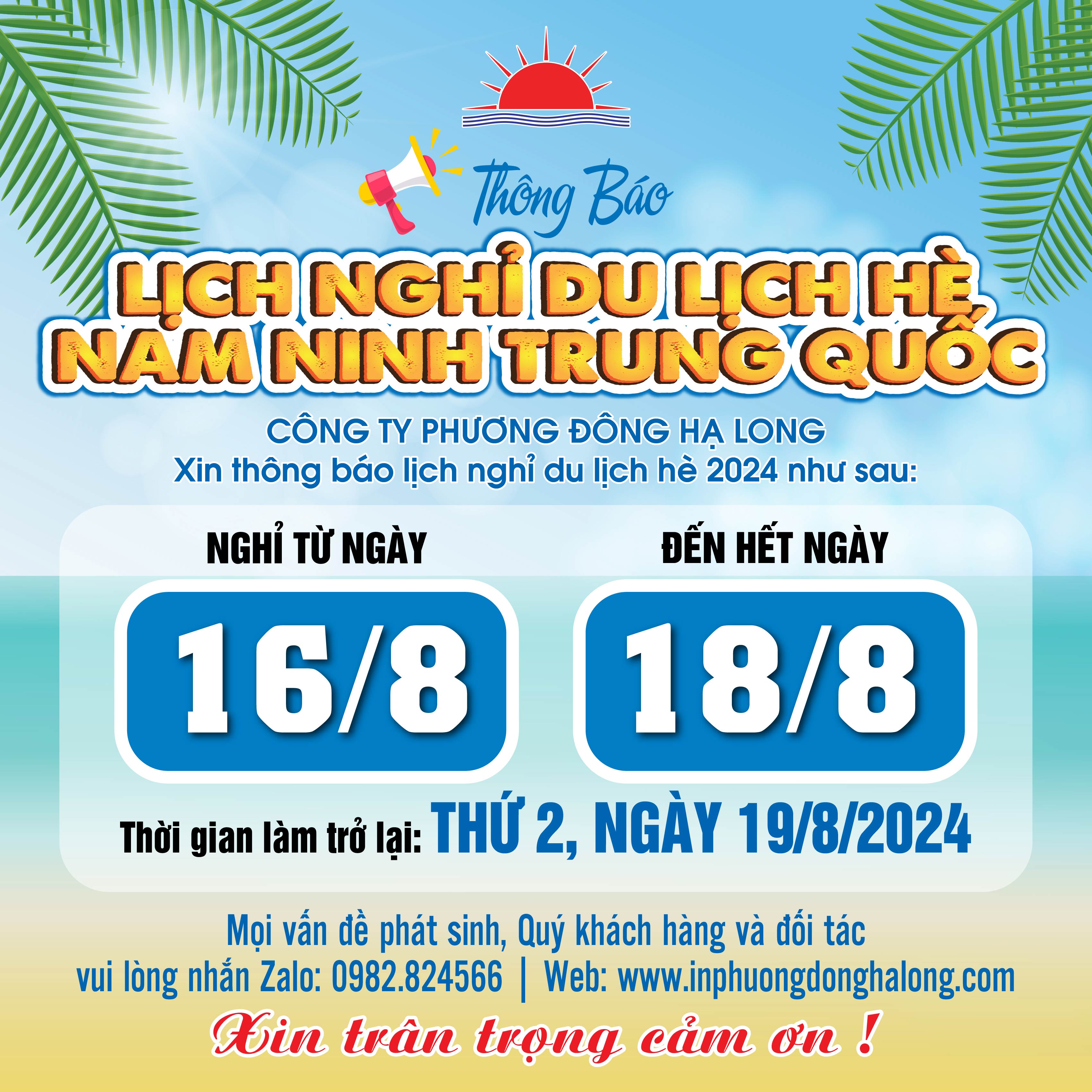 Thông báo lịch nghỉ du lịch Nam Ninh Trung Quốc của công ty Phương Đông Hạ Long