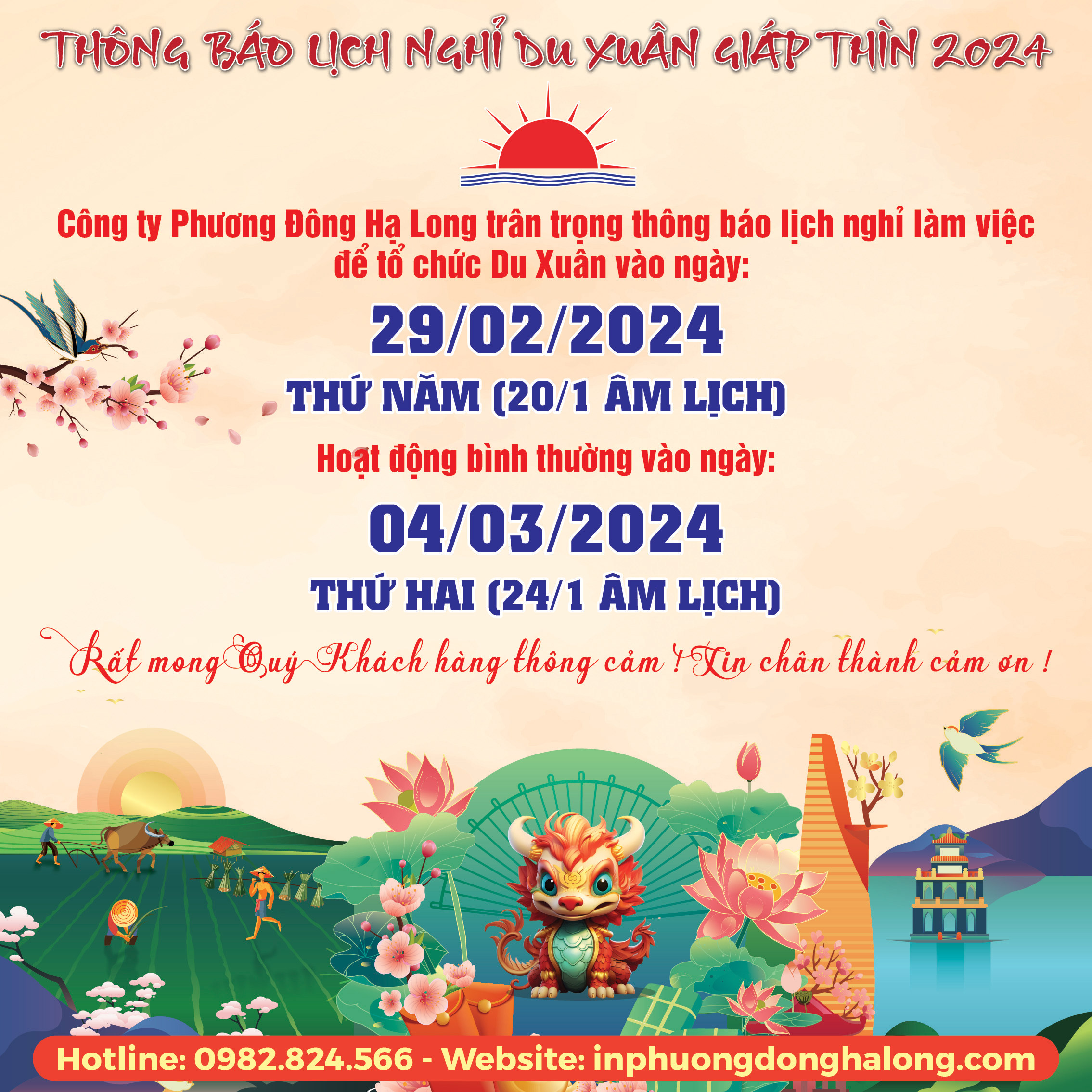 Thông báo: Lịch nghỉ lễ du xuân đầu năm của Công ty Phương Đông Hạ Long