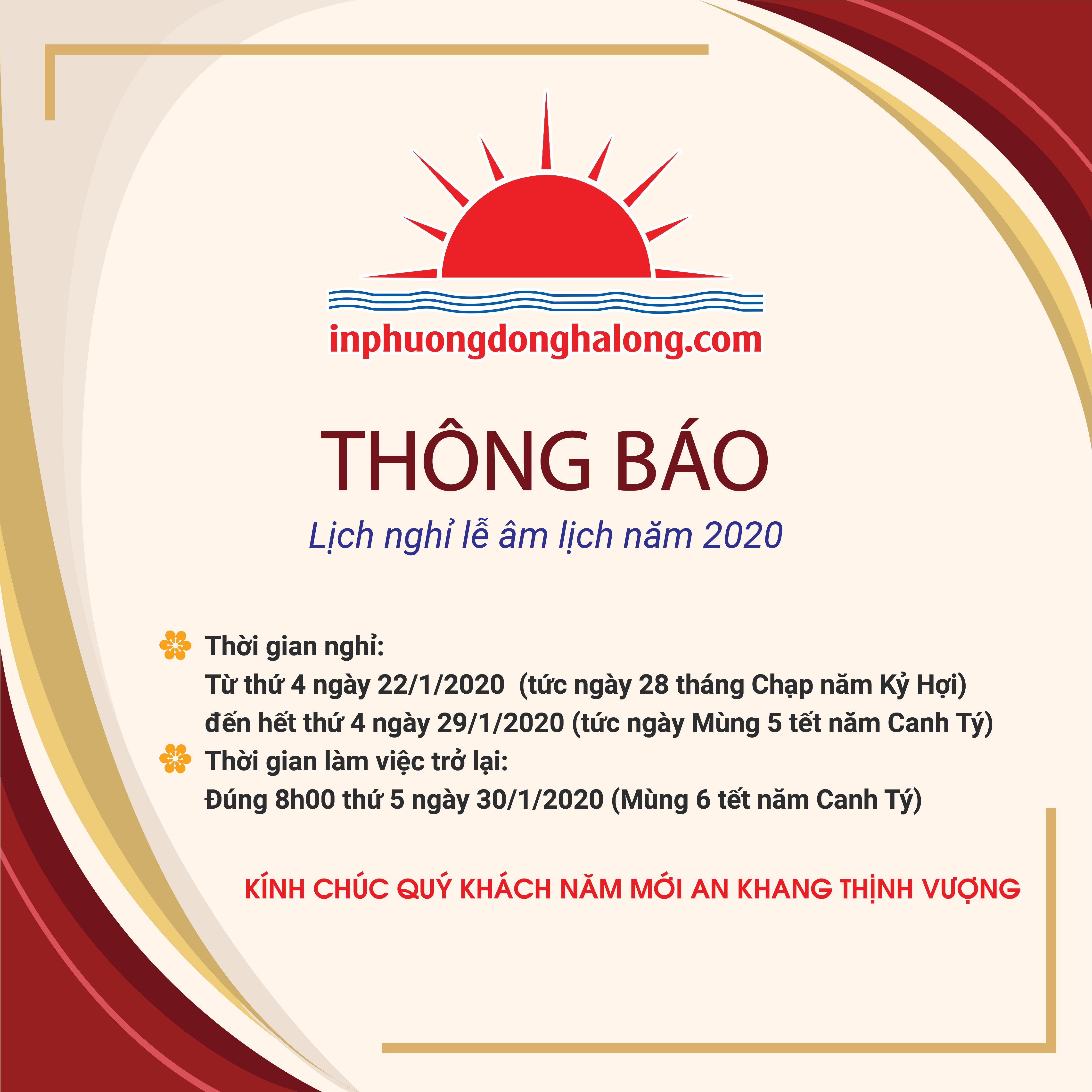 Thông báo lịch nghỉ tết âm lịch năm 2020