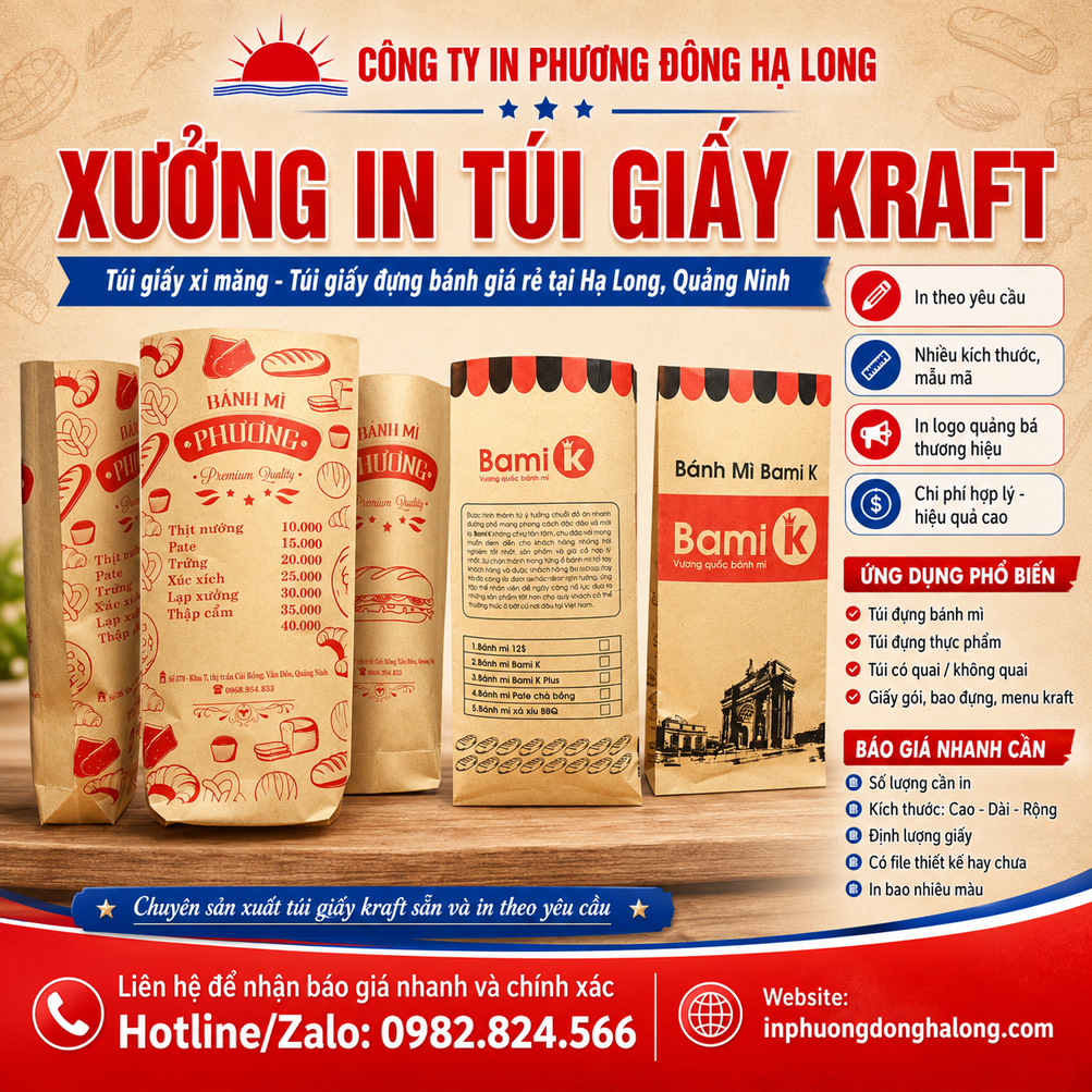 Xưởng in túi giấy kraft, túi giấy xi măng, túi giấy đựng bánh giá rẻ tại Hạ Long, Quảng Ninh