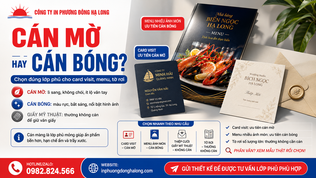 Ấn phẩm cán mờ cán bóng và không cán màng đặt cạnh nhau