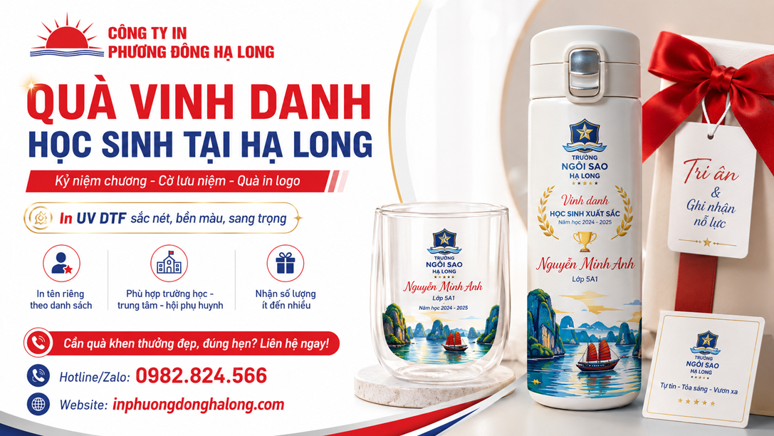 Bình giữ nhiệt, cốc in logo trường bằng UV DTF tại Hạ Long