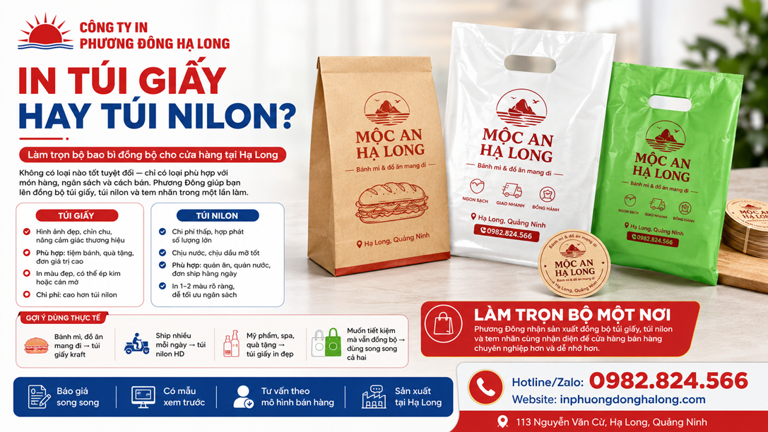 Bộ bao bì đồng bộ túi giấy túi nilon tem nhãn in tại Hạ Long