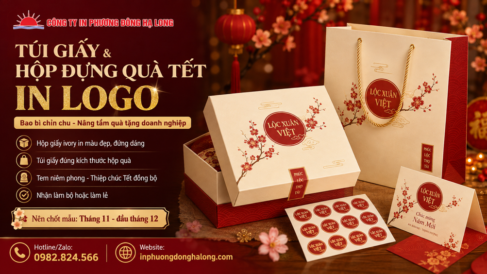Bộ bao bì quà Tết đồng bộ hộp túi tem thiệp tại Hạ Long