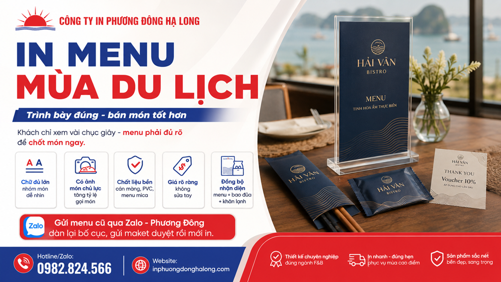 Bộ menu bao đũa khăn lạnh in đồng bộ cho nhà hàng Hạ Long