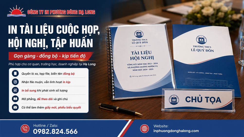 Bộ tài liệu hội nghị gồm quyển, kẹp file và biển tên tại Hạ Long
