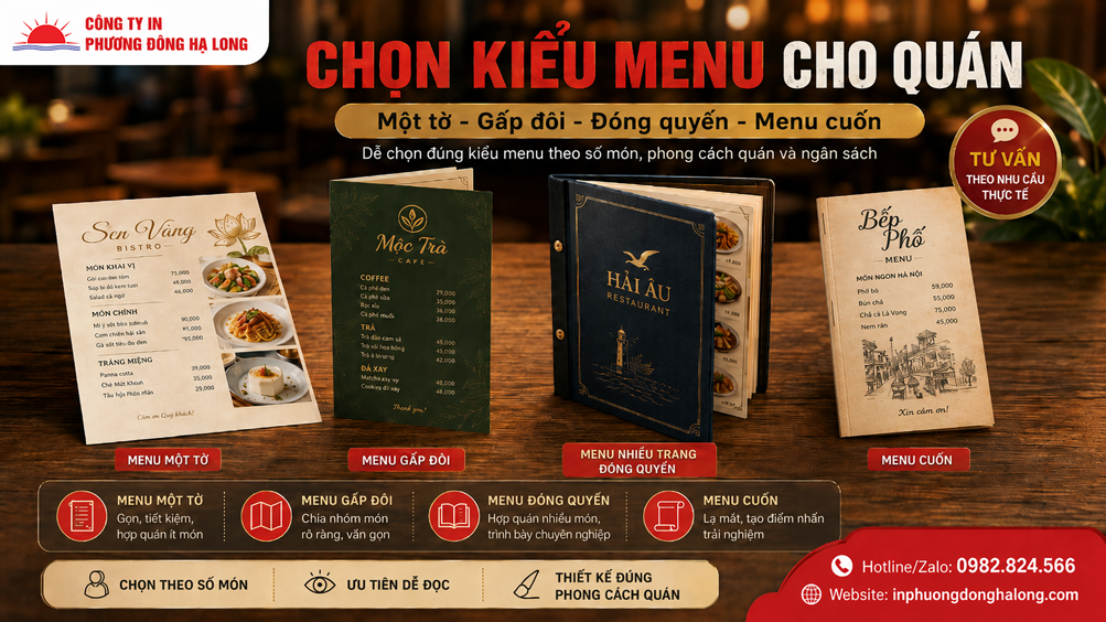Các kiểu dáng menu: một tờ, gấp đôi, đóng quyển, menu cuốn