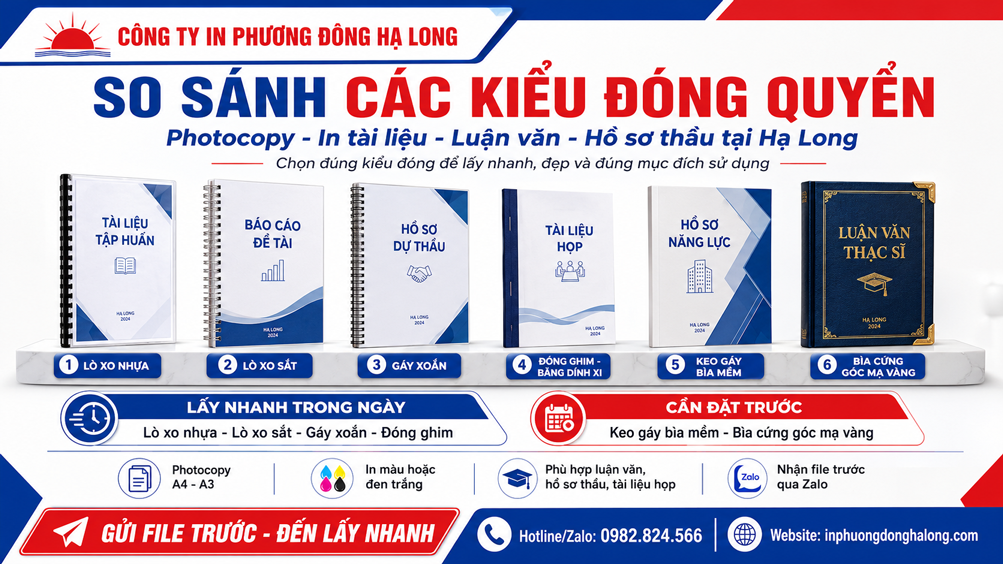 Các kiểu đóng quyển tài liệu: lò xo, gáy xoắn, đóng ghim, bìa cứng tại Hạ Long