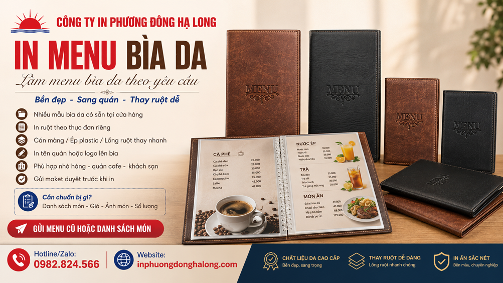 Các mẫu menu bìa da có sẵn tại Hạ Long