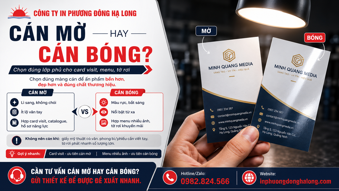 Card visit cán mờ và cán bóng phản chiếu ánh sáng khác nhau
