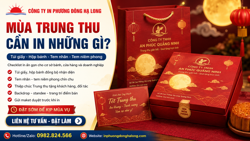 Hộp bánh Trung thu với túi giấy và tem nhãn đồng bộ tại Hạ Long
