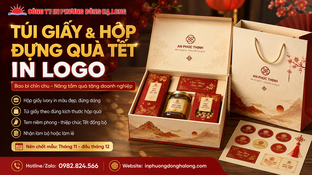 Hộp giấy ivory đựng quà Tết in logo tại Hạ Long