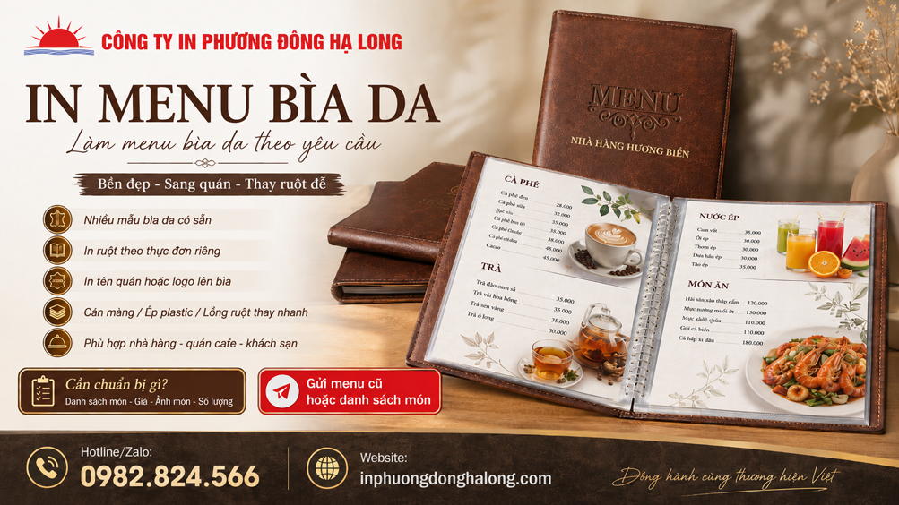 Menu bìa da in tên quán, ruột in giấy couche tại Hạ Long