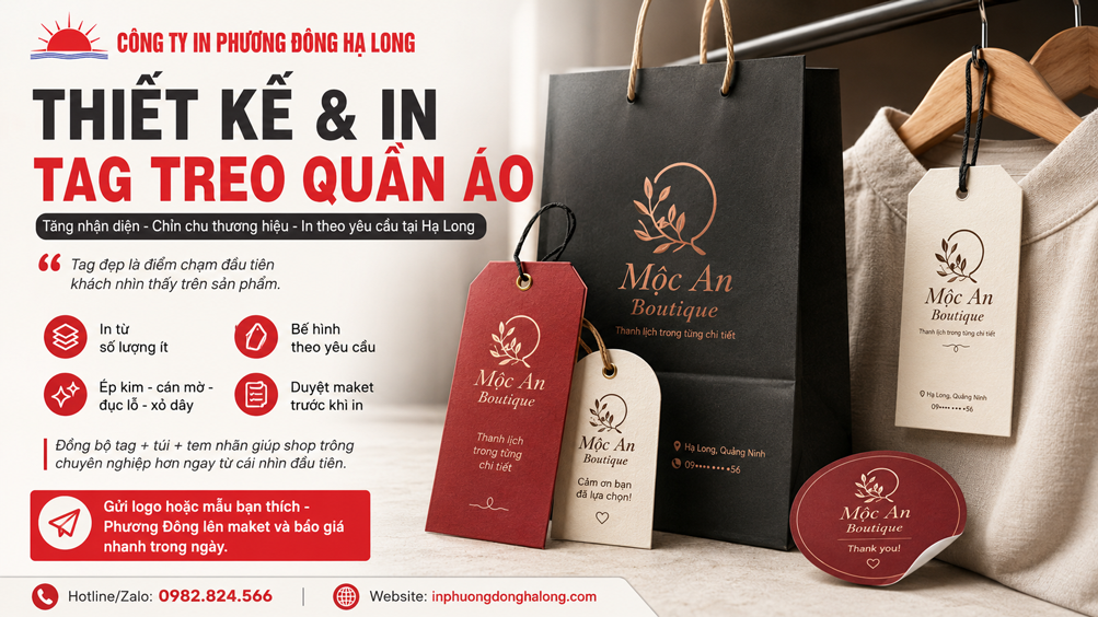 Tag treo đồng bộ với túi và tem nhãn cho shop thời trang Hạ Long