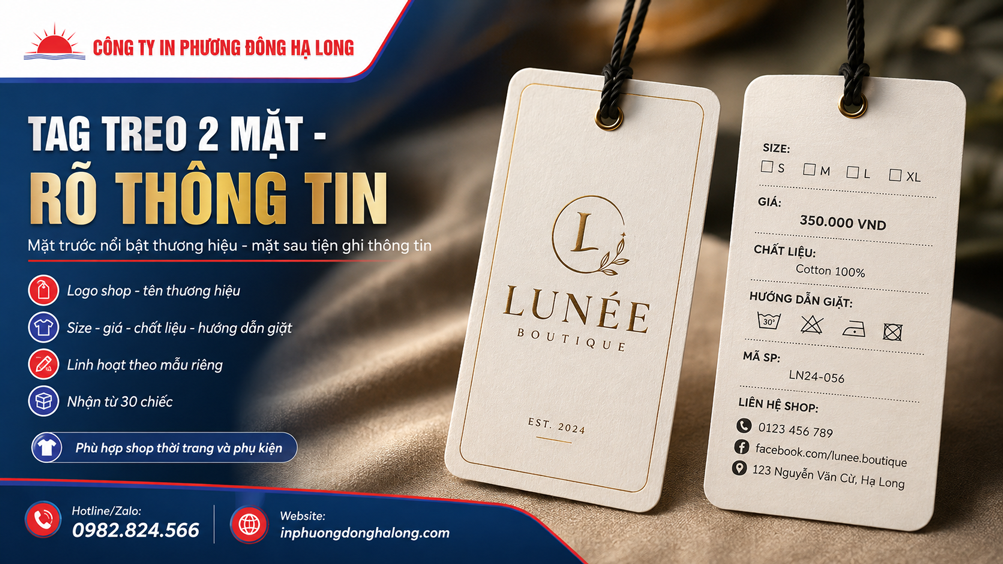 Tag treo quần áo in hai mặt logo và thông tin sản phẩm