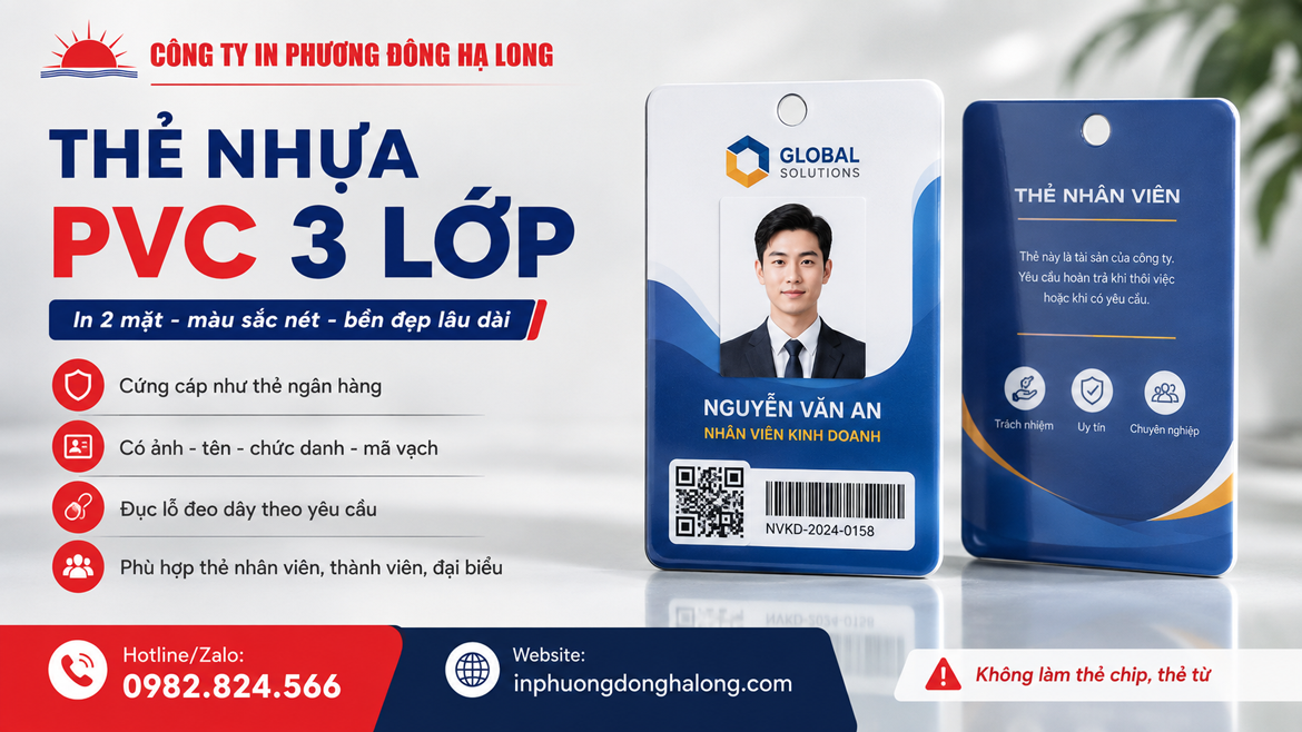Thẻ nhựa PVC 3 lớp đục lỗ xỏ dây đeo tại Hạ Long