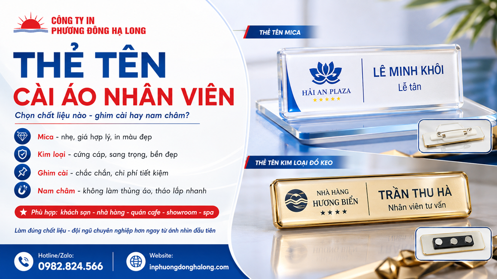 So sánh thẻ tên kim loại và thẻ tên mica tại Hạ Long