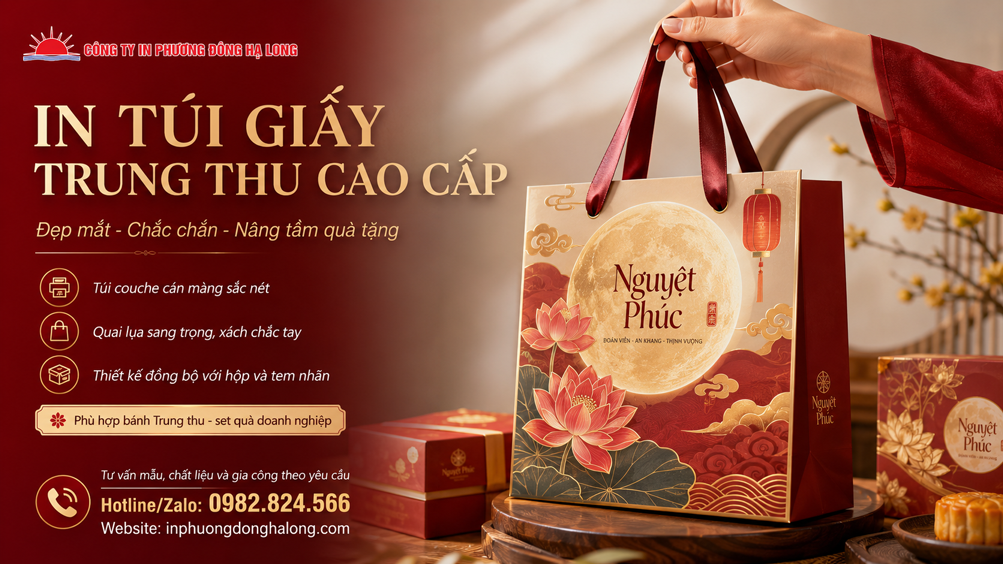Túi giấy couche cán màng in logo quà Trung thu tại Hạ Long