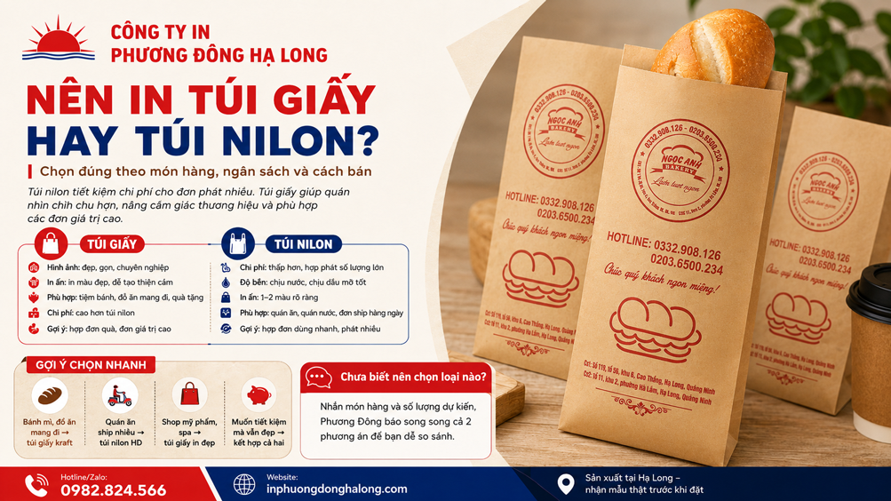 Túi giấy kraft in logo đựng bánh mì cho tiệm bánh tại Hạ Long