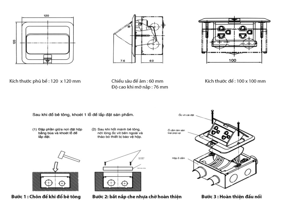 Bộ Ổ Cắm Âm Sàn Chống Nước IP44 Gồm Hạt Mạng + Ổ Cắm DoBo F88-888802S