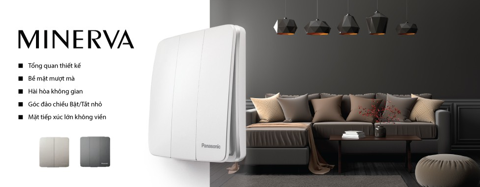 Công tắc ổ cắm Panasonic Minerva thiết kế mặt vuông tràn viền bo cong bề mặt bóng mượt sang trọng