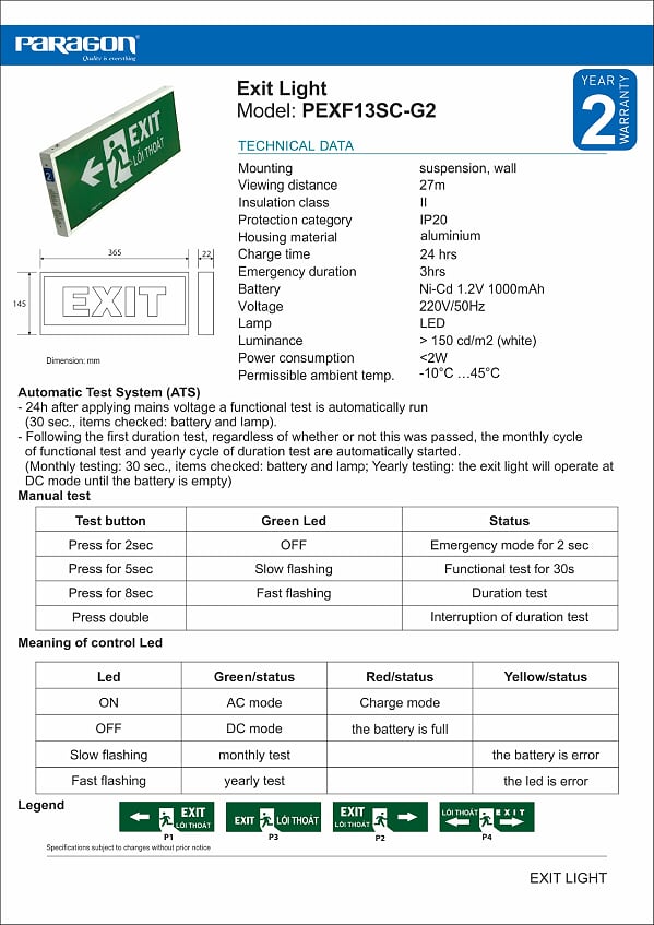 Thông số kỹ thuật đèn exit Paragon PEXF13SC-G2