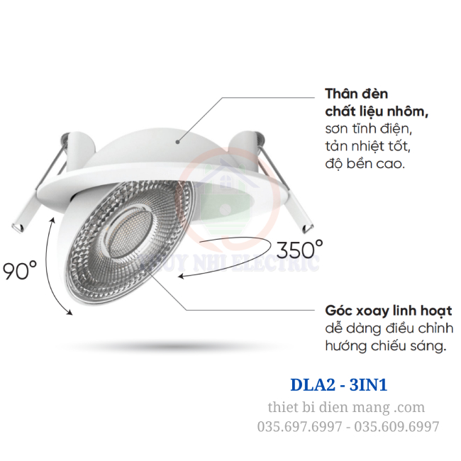 Đèn led âm trần điều chỉnh góc chiếu Seri DLA2 - 3IN1
