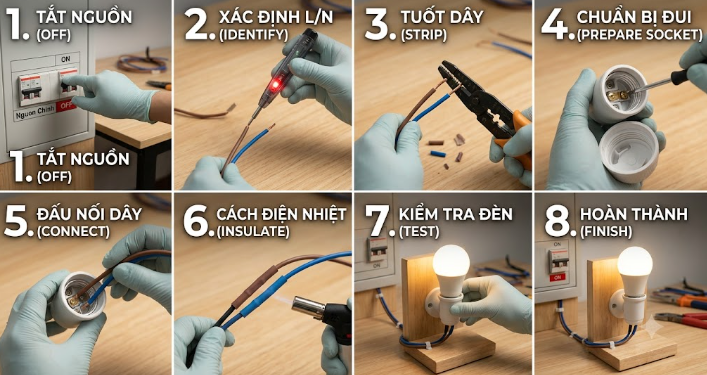 Các bước nối dây điện vào đui đèn an toàn