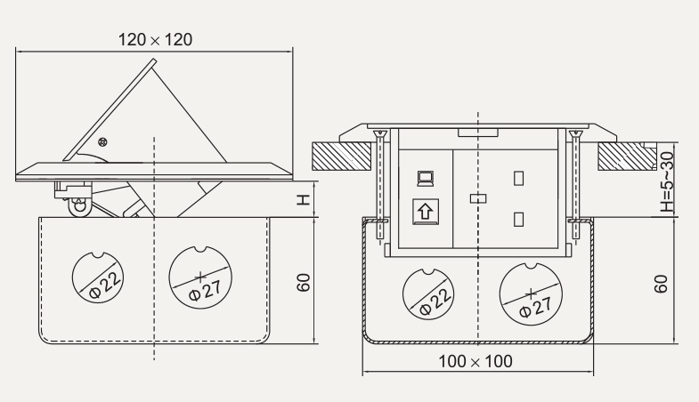 kích thước Ổ cắm âm sàn MPE F2A-60 (Mẫu mới)