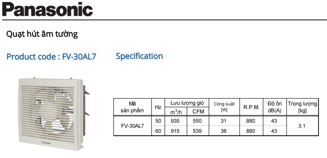 Quạt hút âm tường panasonic FV‑30AL7