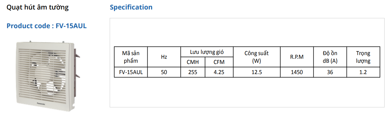 Quạt hút gắn tường 1 chiều panasonic FV‑15AUL1