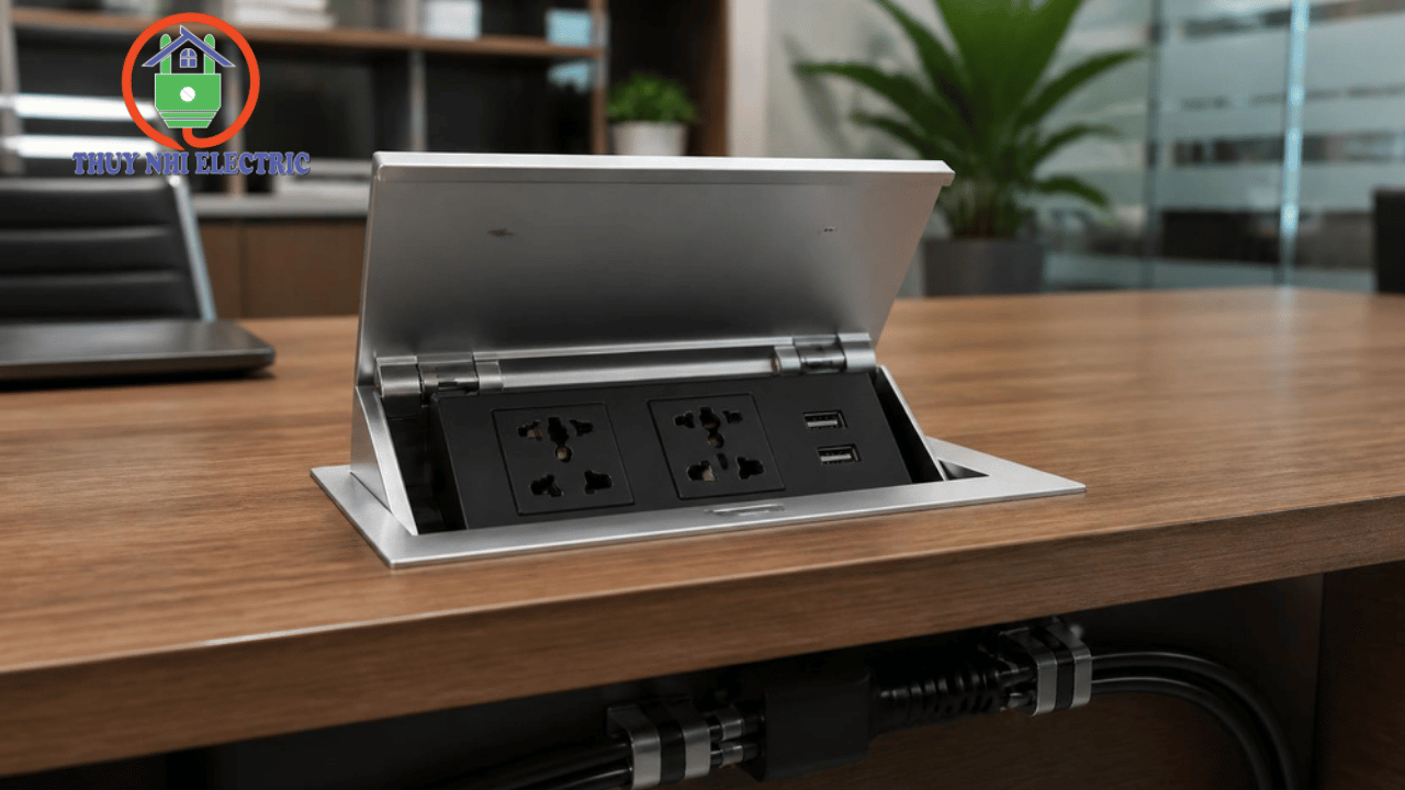 Ổ cắm lật mặt bàn âm bàn với khung nhôm và cổng USB