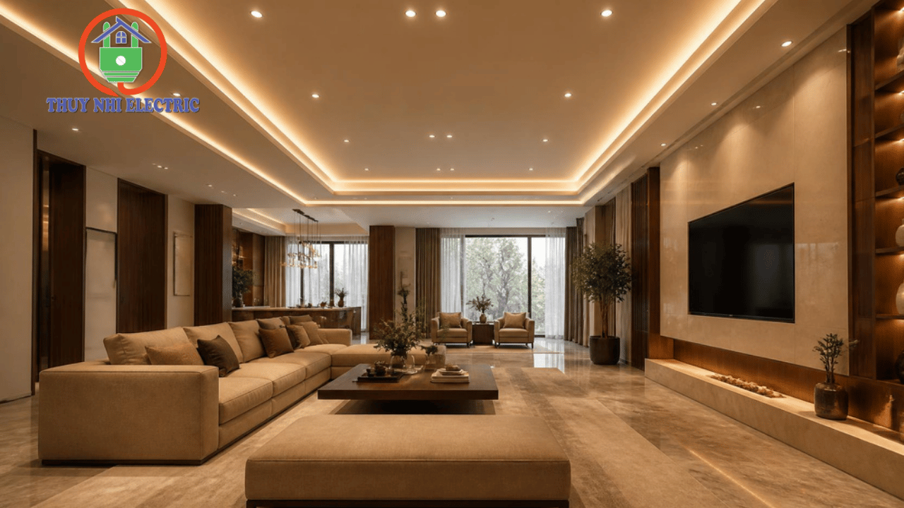 Phối hợp đèn led âm trần và đèn led dây âm trần hắt trần phòng khách trang trí