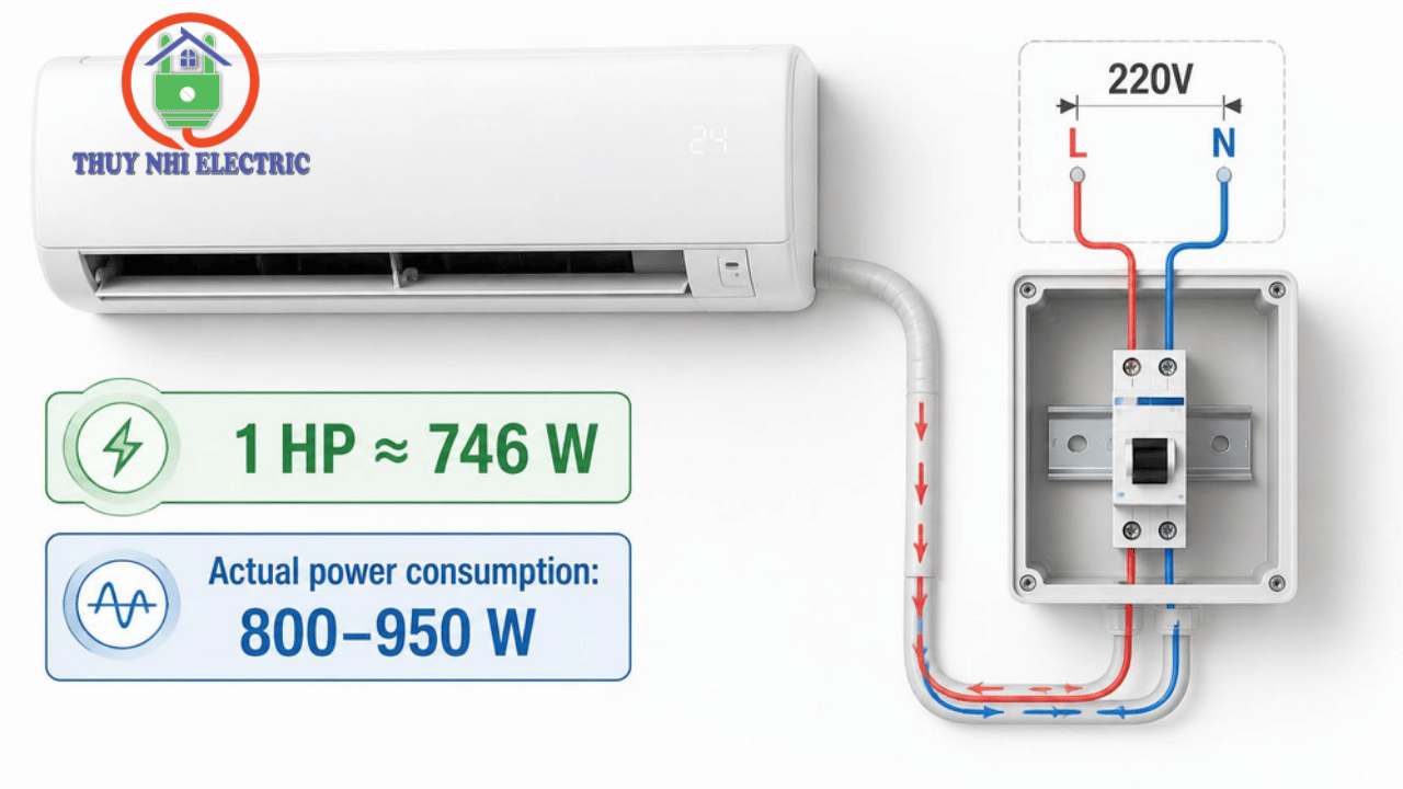 1 ngựa tương đương 746 W và công suất tiêu thụ thực tế của máy lạnh
