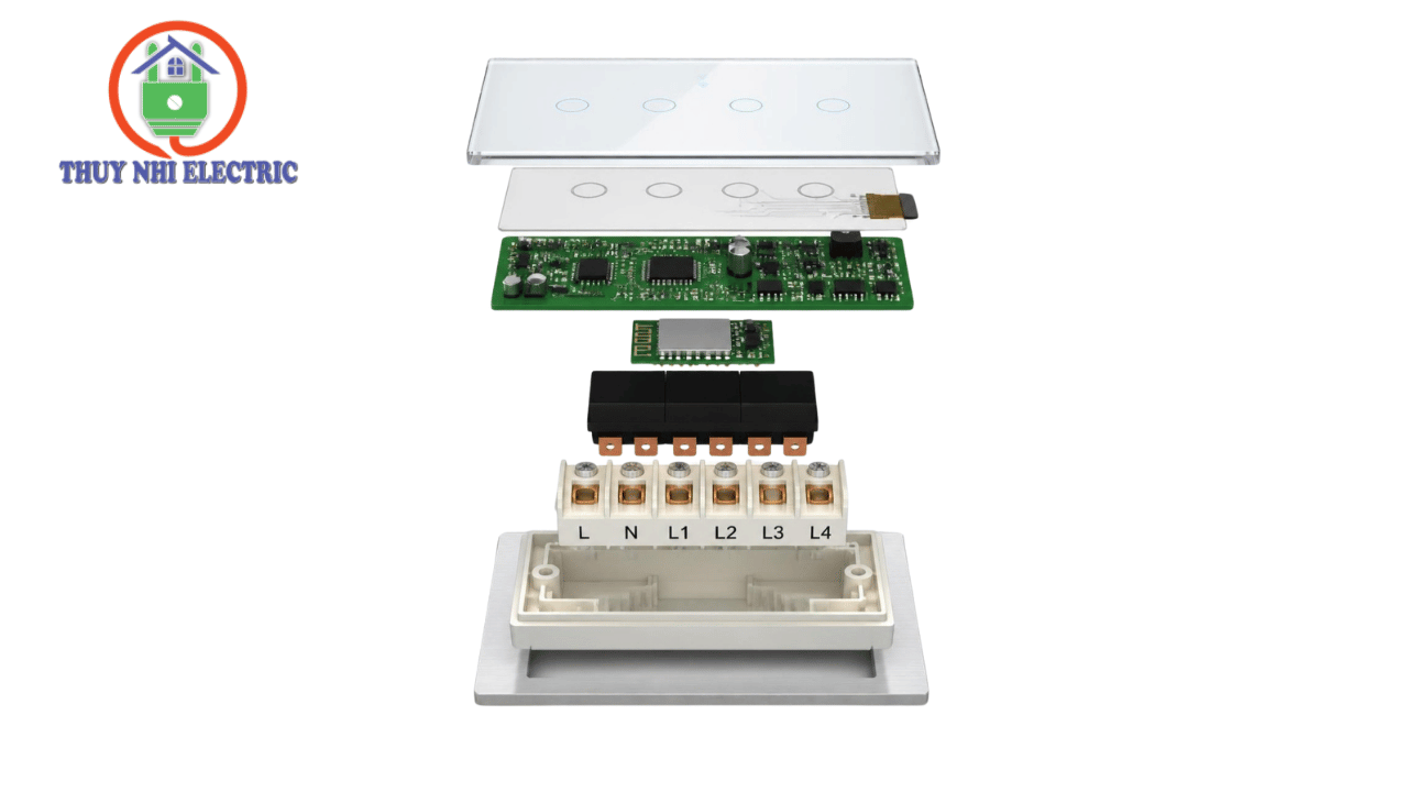 Cấu tạo công tắc thông minh gồm mặt kính cảm ứng bo mạch relay và terminal