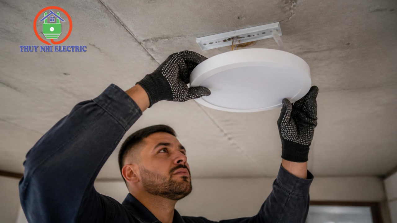 Lắp đặt đèn LED ốp trần trực tiếp trên trần bê tông