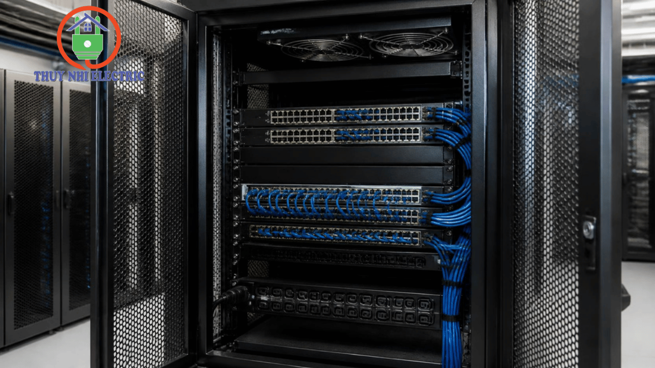 Hệ thống quạt và cửa thông gió hỗ trợ tản nhiệt bên trong tủ mạng tủ rack