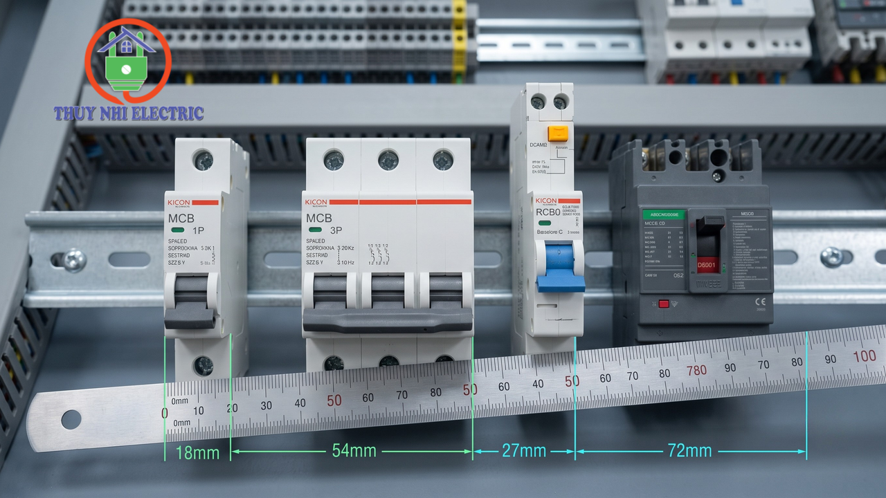 So sánh kích thước MCB, RCBO và MCCB hạ thế trên thanh ray DIN