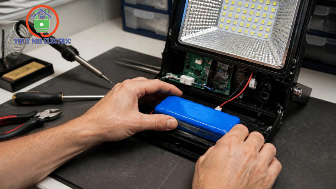 Kỹ thuật viên hướng dẫn cách thay pin lưu trữ lithium cho đèn năng lượng mặt trời