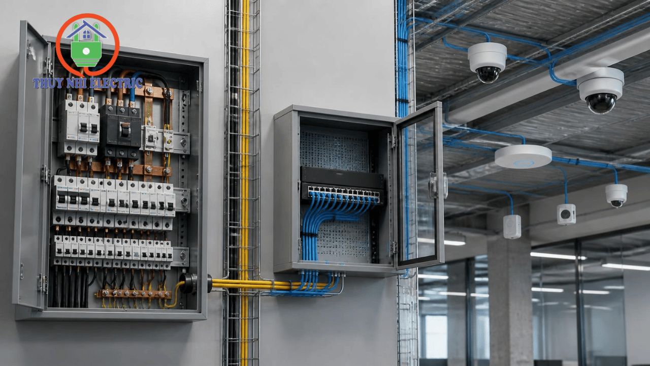 Hệ thống dây cáp mạng kết nối switch PoE với MCB MCCB và thiết bị mạng