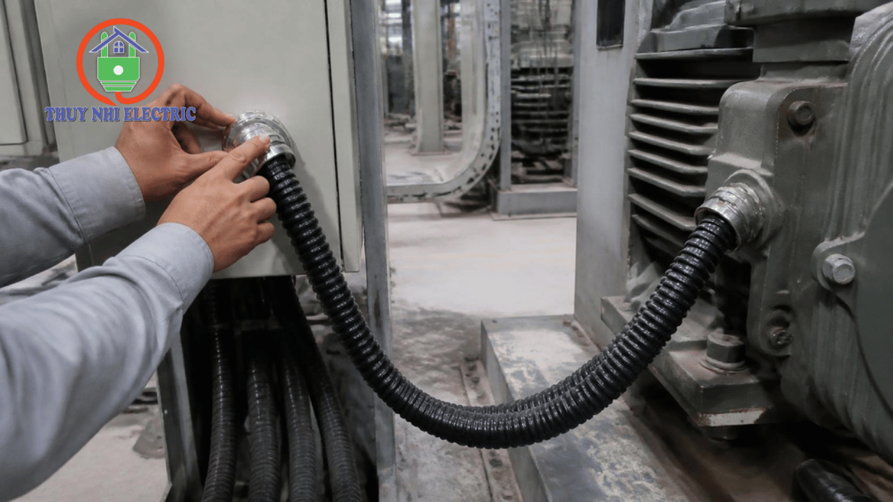 Ống ruột gà lõi thép bọc PVC lắp đặt bảo vệ dây điện trong nhà xưởng